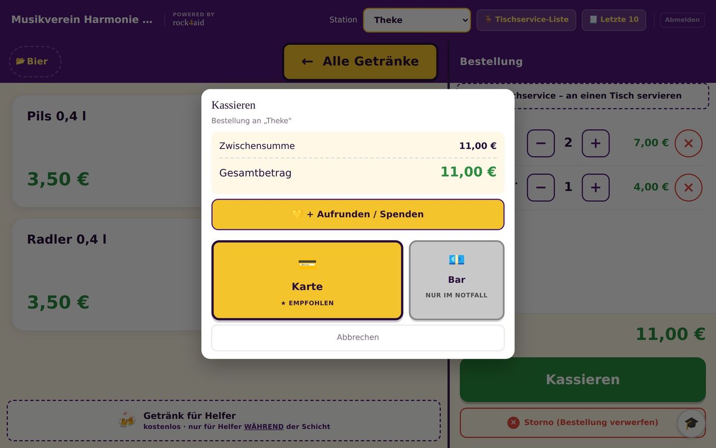 Kassieren an der Kasse mit Auswahl Karte oder bar