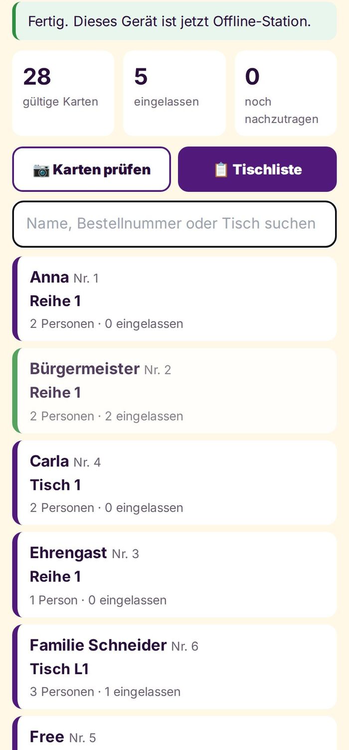 Offline-Station am Einlass mit Zählern und Tischliste