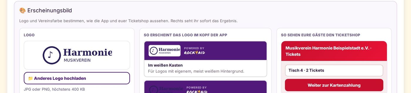 Einstellungen für Logo und Vereinsfarbe mit Vorschau