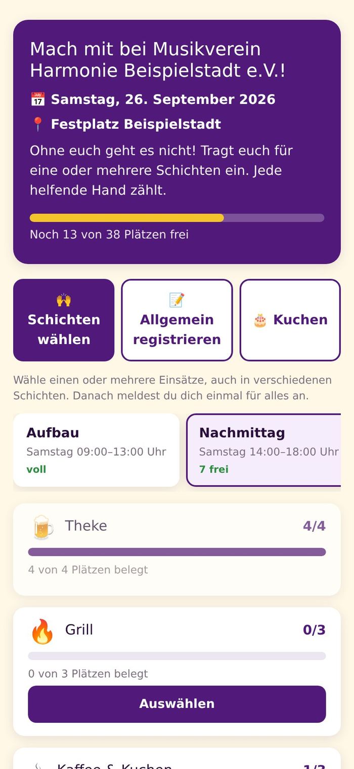 Öffentliche Helferseite auf dem Handy mit Schichten und Diensten
