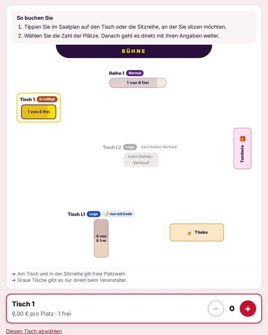Ticketshop mit Saalplan, ein Tisch ist ausgewählt